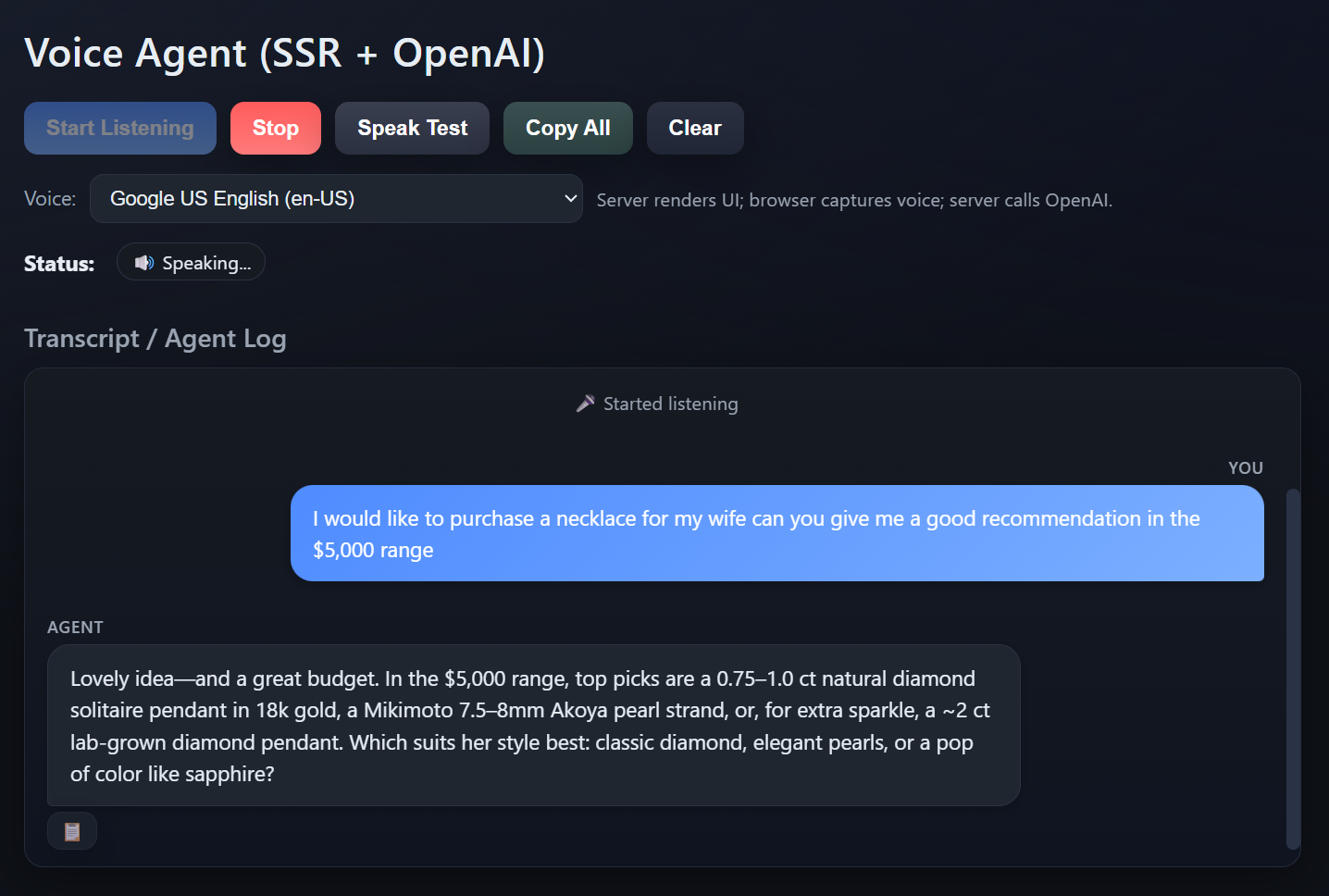screen shot of voice agent